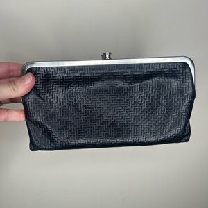 Hobo Black Leather Clutch Wallet Basket Weave Silver Clasps